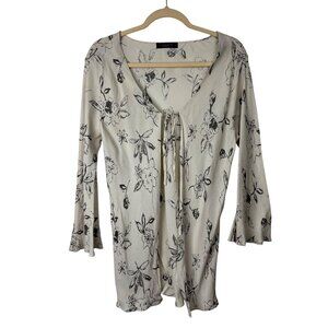 Vintage y2k Cotton Colors S Floral Print Beige & Black Womens Tie-Front Cardigan